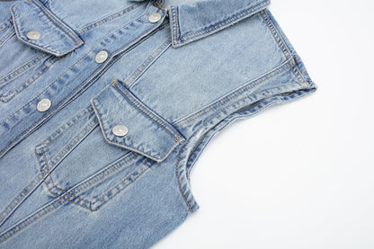 Sommer Damen Kragen Ärmelloses Weste Kleid Gerade Schlank Einreihig Denim Kleid