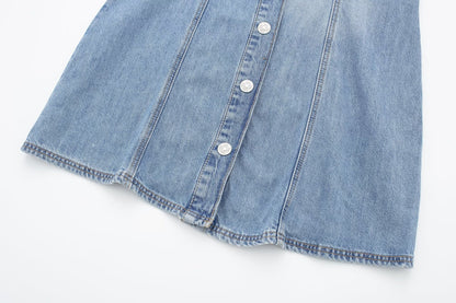 Sommer Damen Kragen Ärmelloses Weste Kleid Gerade Schlank Einreihig Denim Kleid