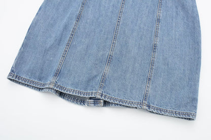 Sommer Damen Kragen Ärmelloses Weste Kleid Gerade Schlank Einreihig Denim Kleid