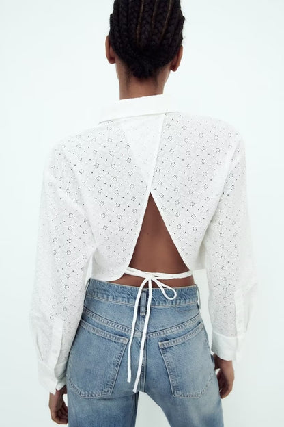 Spring Retro White Long Sleeve Collared Back Lace up Cutout Embroidered Short Shirt