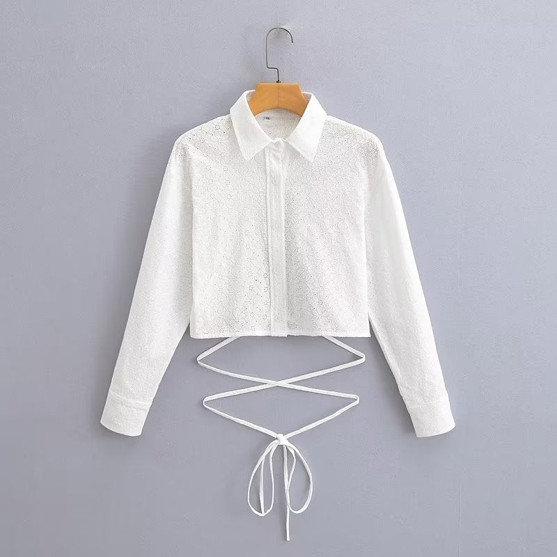 Spring Retro White Long Sleeve Collared Back Lace up Cutout Embroidered Short Shirt