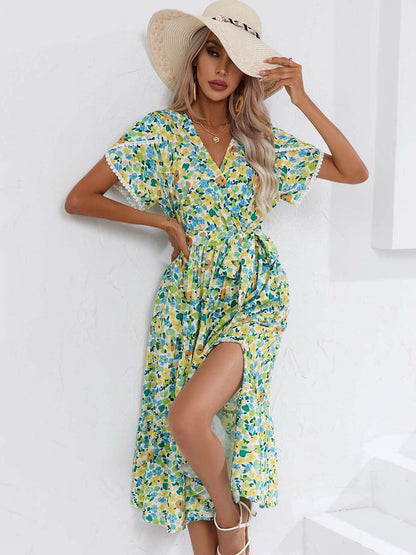 Damen Kleidung Kleid Sommer Kleine Blumen Split V-Ausschnitt Damen Kleidung