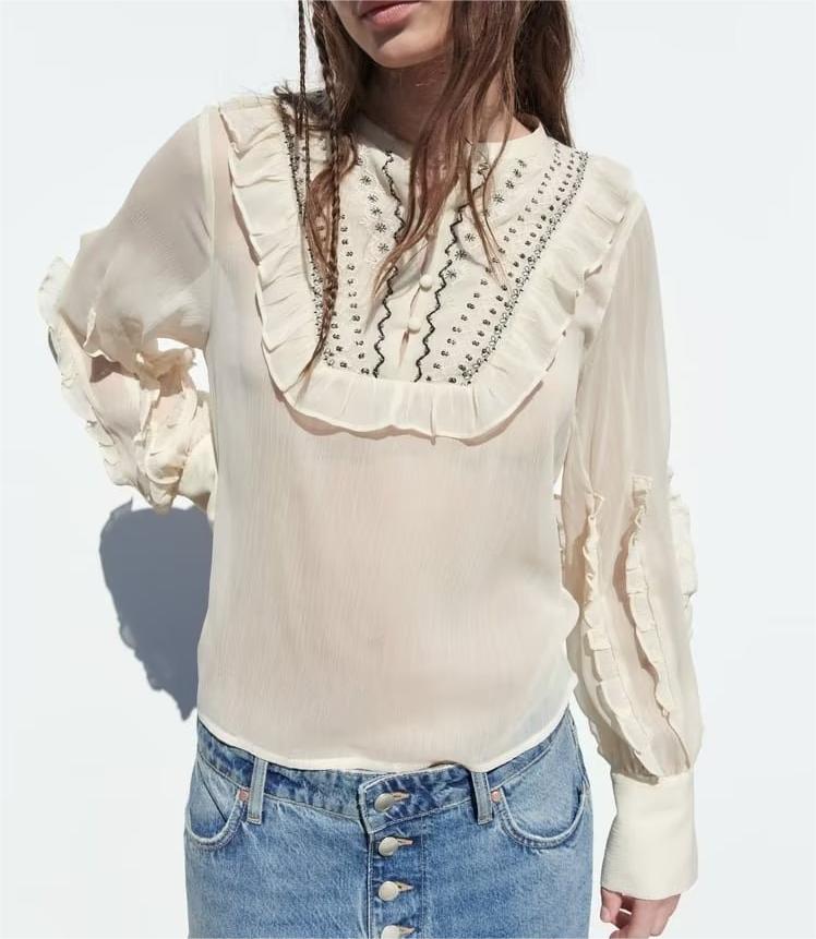 Summer Women High Grade Long Sleeved Round Neck Translucent Loose Embroidered Shirt