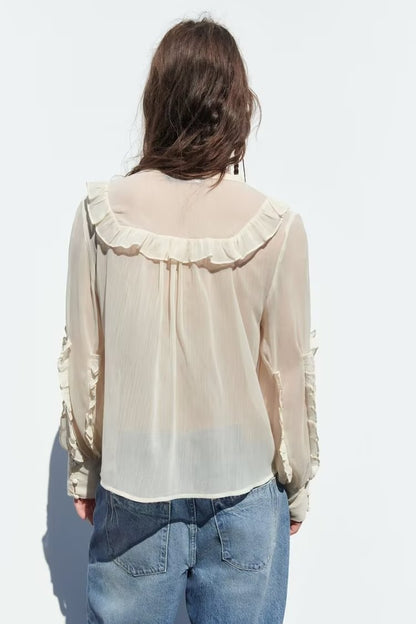 Summer Women High Grade Long Sleeved Round Neck Translucent Loose Embroidered Shirt