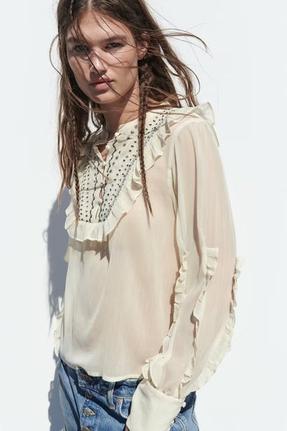 Summer Women High Grade Long Sleeved Round Neck Translucent Loose Embroidered Shirt