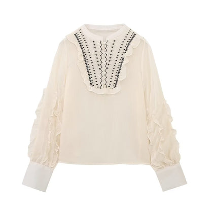 Summer Women High Grade Long Sleeved Round Neck Translucent Loose Embroidered Shirt