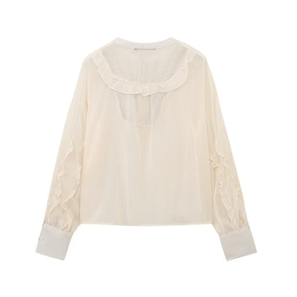 Summer Women High Grade Long Sleeved Round Neck Translucent Loose Embroidered Shirt