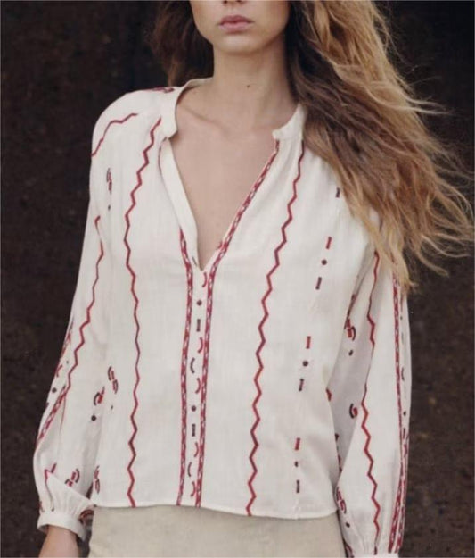 Ropa de verano para mujer, camisa con manga acampanada francesa y cuello en V, Top bordado