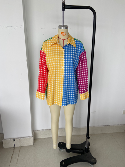 Spring Multi Color Check Printed Shirt Women Clothing