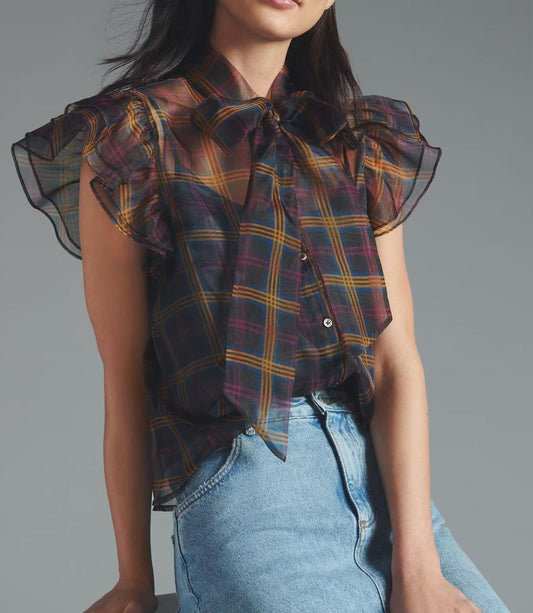 Summer Elegant Blooming Plaid Mulberry Silk Ruffled Flounced Sleeve Shirt