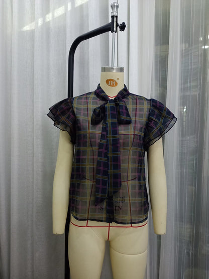 Summer Elegant Blooming Plaid Mulberry Silk Ruffled Flounced Sleeve Shirt