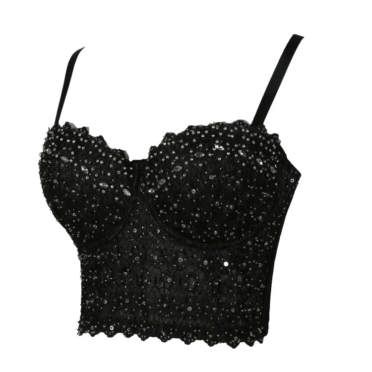 Chaleco Sexy Tirantes Sin espalda Encaje Bordado Luz Diamante Envuelto Pecho Cintura Tubo Top Ropa interior Ropa exterior