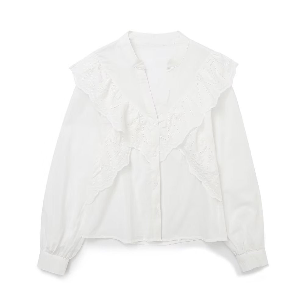 Summer Women White Ruffled Laminated Decoration Shirt Top