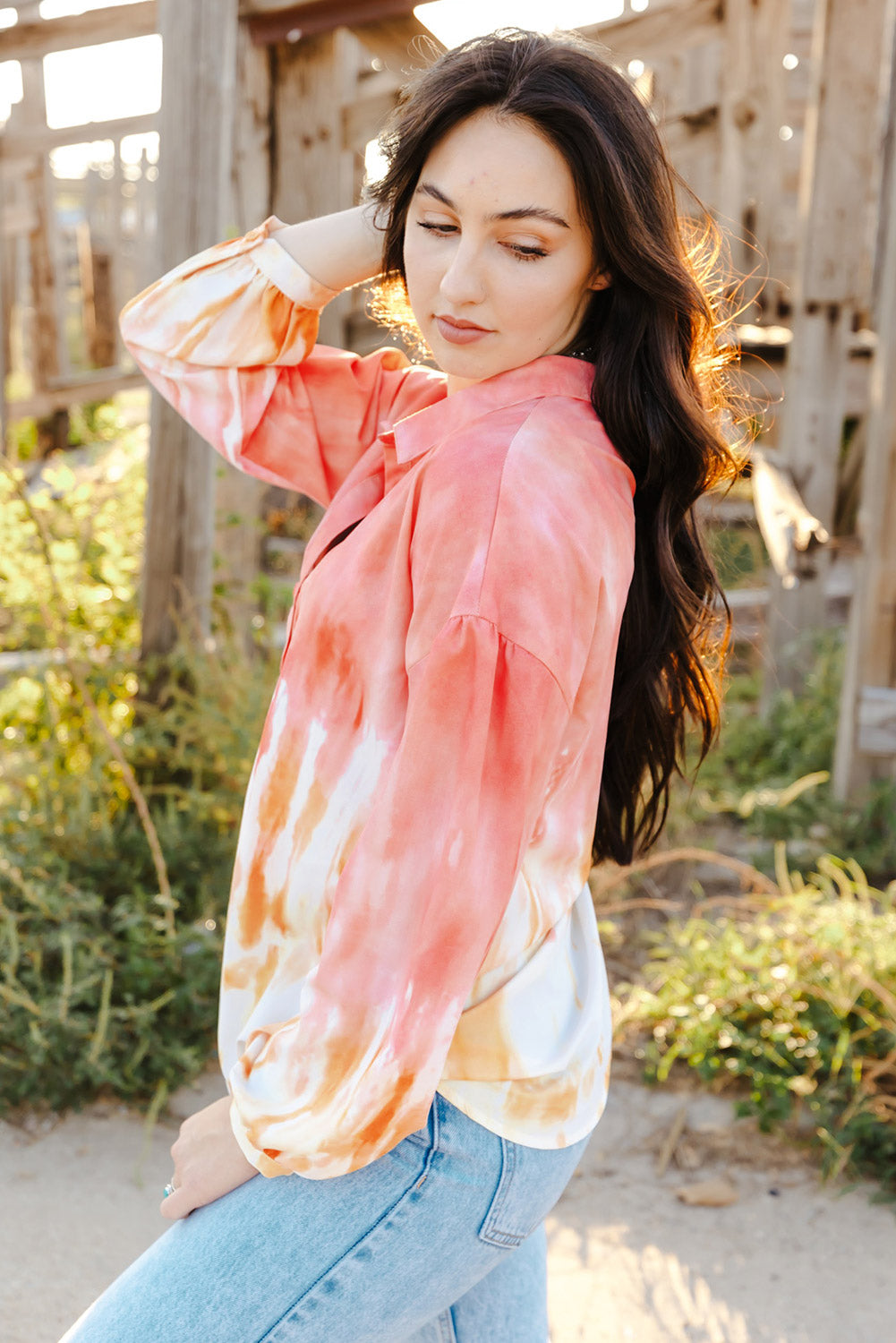 Red Tie Dye Print Lace up Buttoned Henley Top