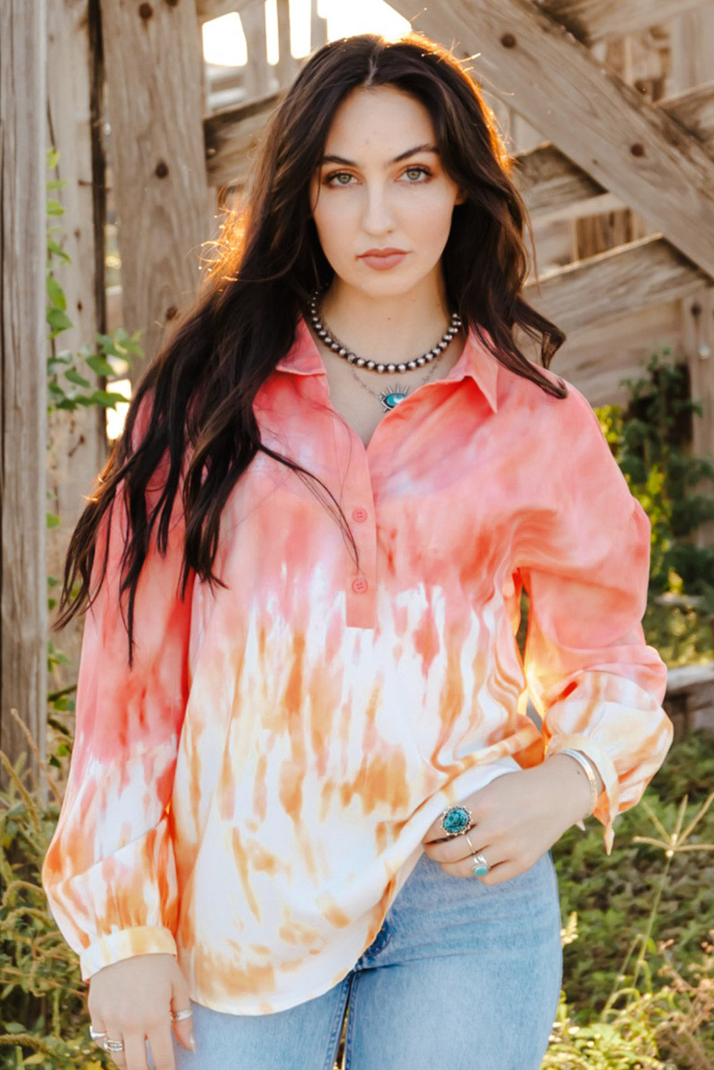 Red Tie Dye Print Lace up Buttoned Henley Top