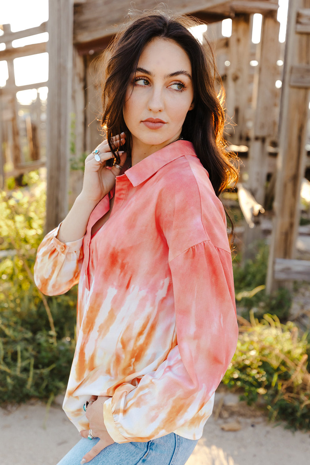 Red Tie Dye Print Lace up Buttoned Henley Top