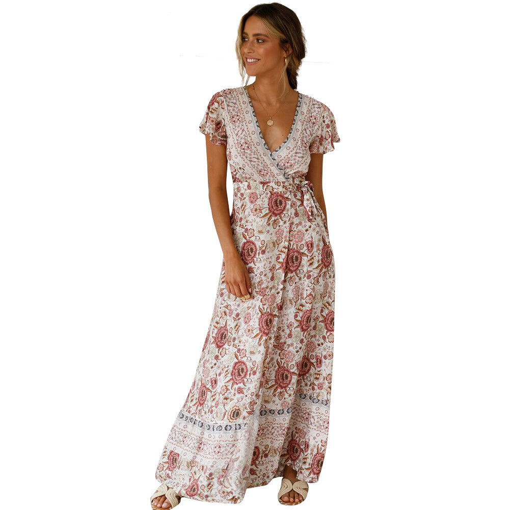 Spot Summer Casual Holiday Vestido con estampado floral Vestido sexy Ropa de mujer Vestido cruzado