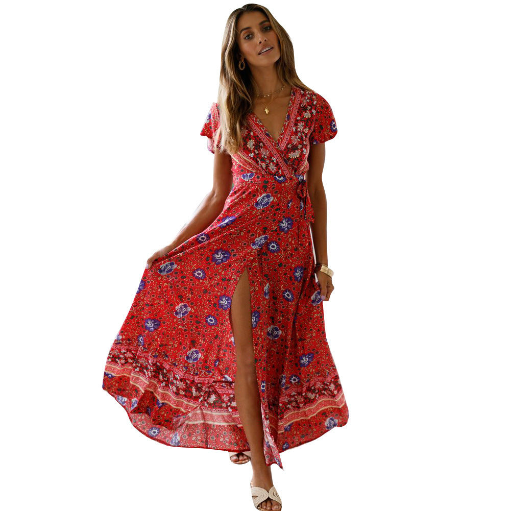 Spot Summer Casual Holiday Vestido con estampado floral Vestido sexy Ropa de mujer Vestido cruzado