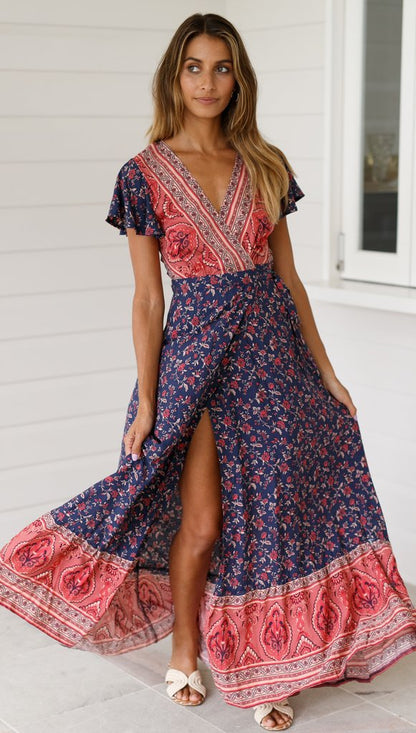 Spot Sommer Casual Urlaub Blumendruck Kleid Sexy Kleid Frauen Kleidung Wickelkleid