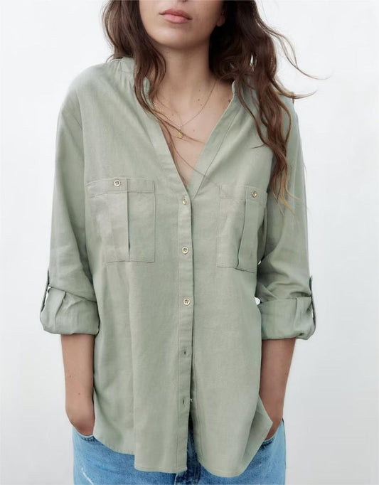 Spring Women Urban Casual Cotton Linen Pocket Long Sleeve Shirt