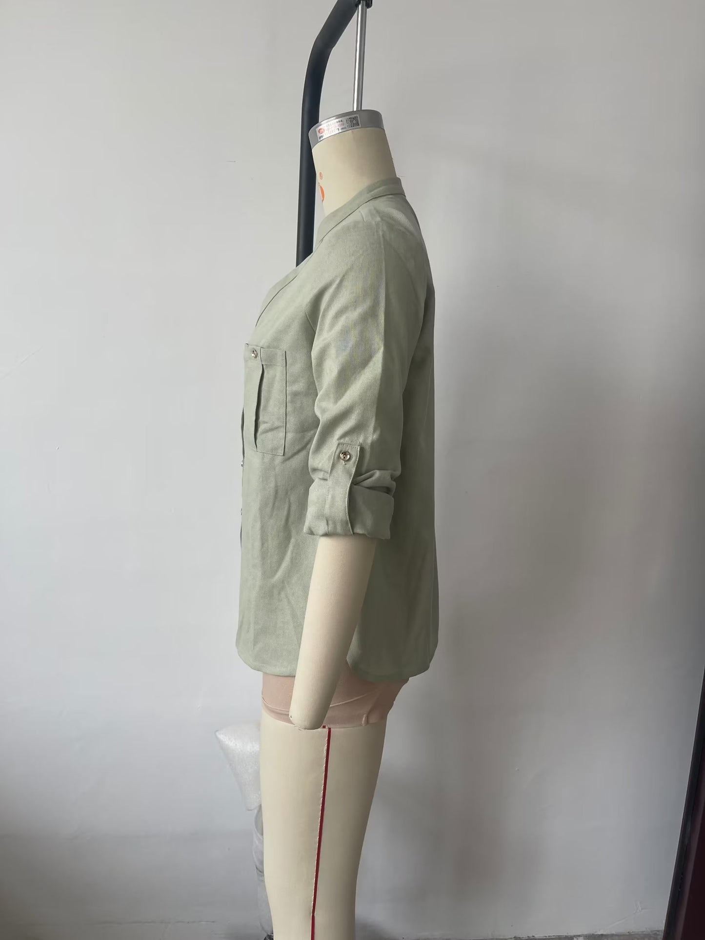 Camisa de manga larga con bolsillo de lino y algodón para mujer, informal, urbana, de primavera