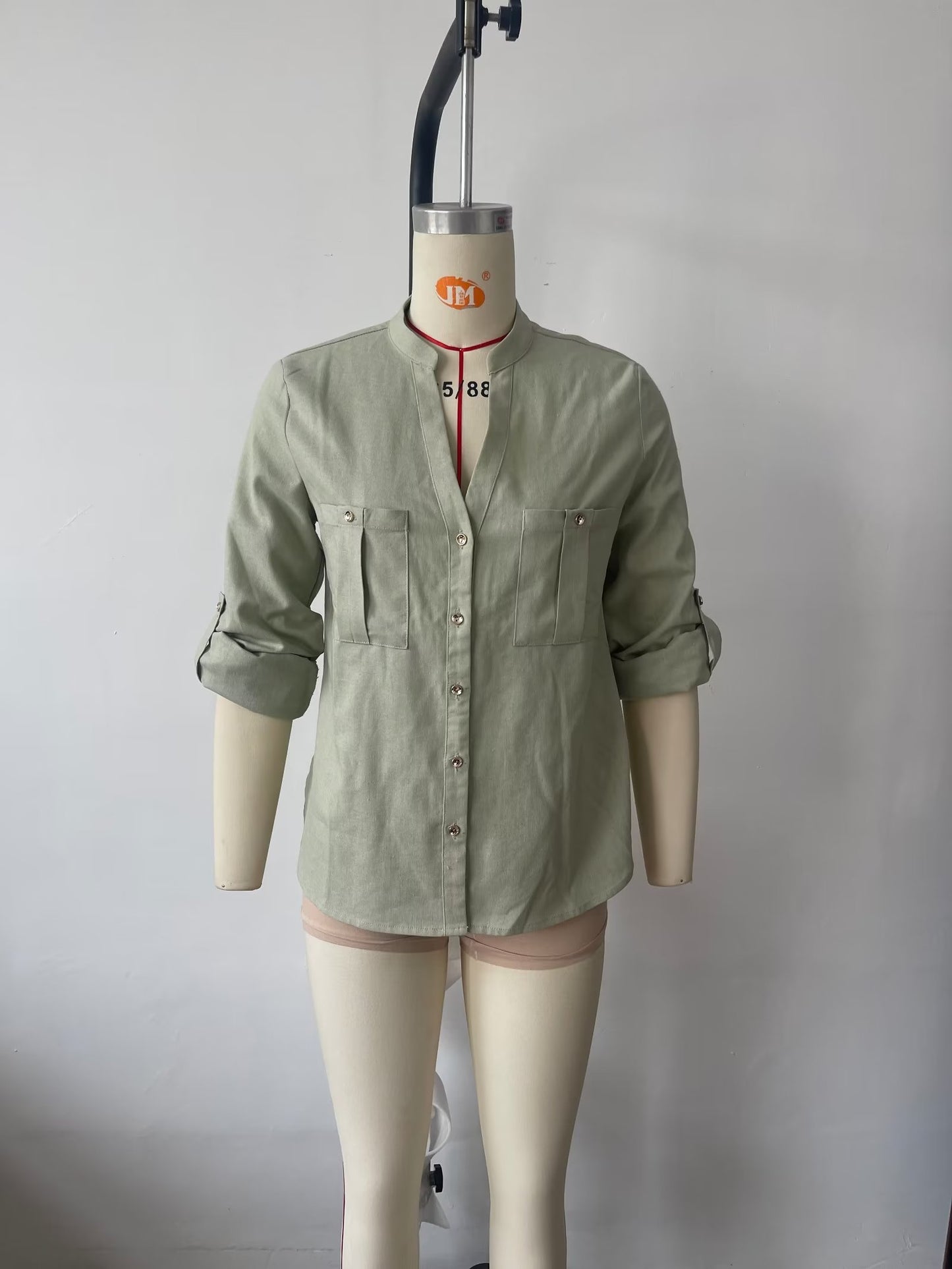 Camisa de manga larga con bolsillo de lino y algodón para mujer, informal, urbana, de primavera