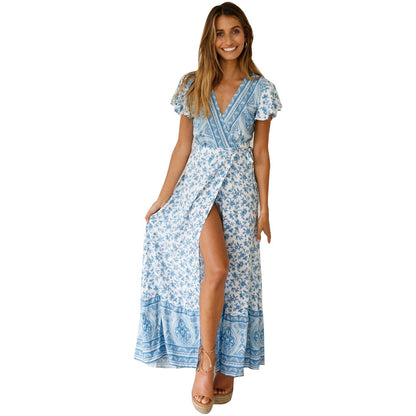 Spot Sommer Casual Urlaub Blumendruck Kleid Sexy Kleid Frauen Kleidung Wickelkleid