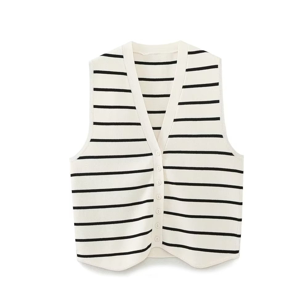 Summer Women Casual Sleeveless V neck Knitted Striped Vest