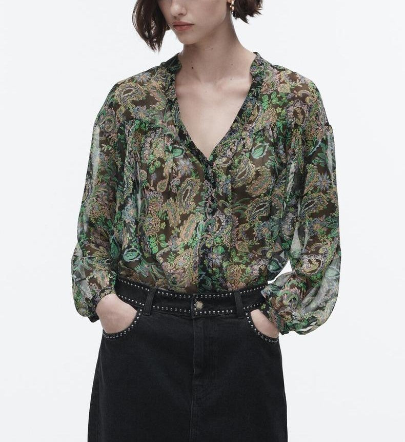 Spring Printed Vertical Loose Long Sleeved Shirt for Women