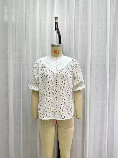 Summer Women Long Sleeve Hollow Out Cutout Embroidered White Shirt