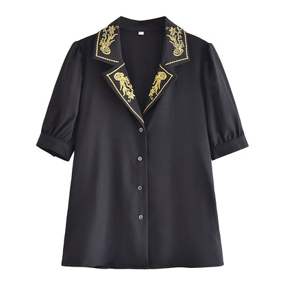 Summer Embroidered Black Shirt Single Breasted Mid Length Top