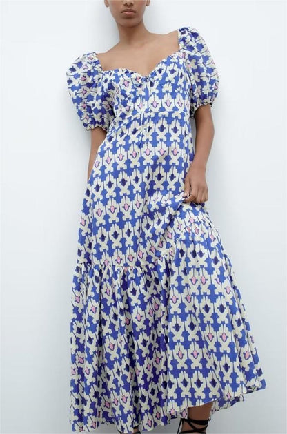 Women Printed Chest Lace up Back Smocking Midi Dress