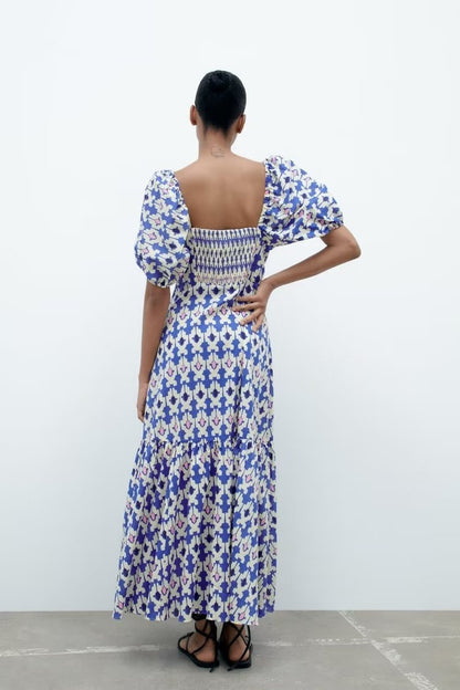 Women Printed Chest Lace up Back Smocking Midi Dress