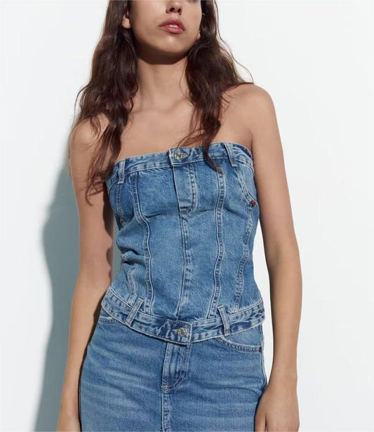 Summer Women Clothing Elastic Corset Denim Top