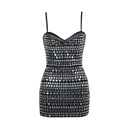 Spring Summer Sexy Rhinestone Strap Short Dress High End Bandage One Piece Dress