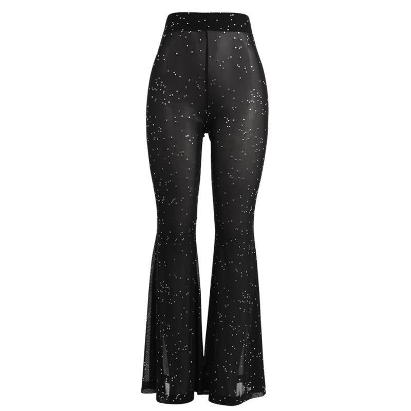 Sexy Mesh See through Casual Trousers Spring Women Clothing Black High Waist Slim Long Women