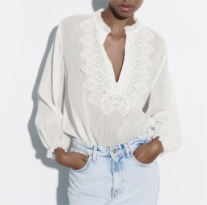 Spring Long Loose Casual Chest Embossed Lace Decorative Shirt