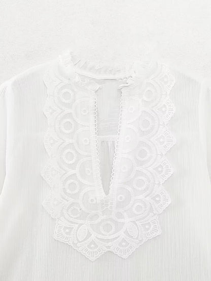 Spring Long Loose Casual Chest Embossed Lace Decorative Shirt