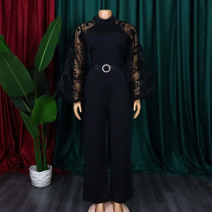 With Belt Women Clothes Loose Stitching Puff Sleeve Wide Leg Jumpsuit