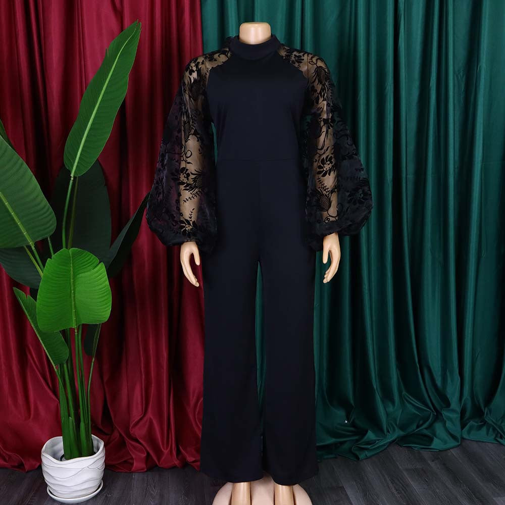 With Belt Women Clothes Loose Stitching Puff Sleeve Wide Leg Jumpsuit