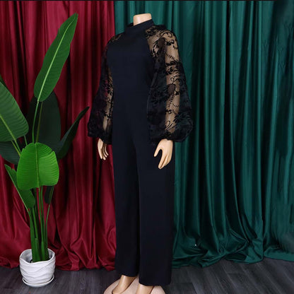 With Belt Women Clothes Loose Stitching Puff Sleeve Wide Leg Jumpsuit