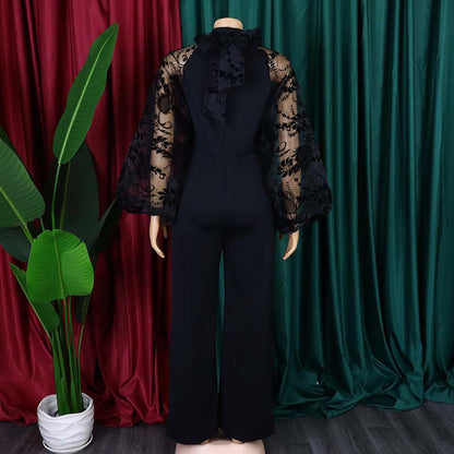 With Belt Women Clothes Loose Stitching Puff Sleeve Wide Leg Jumpsuit