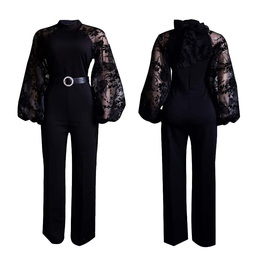 With Belt Women Clothes Loose Stitching Puff Sleeve Wide Leg Jumpsuit