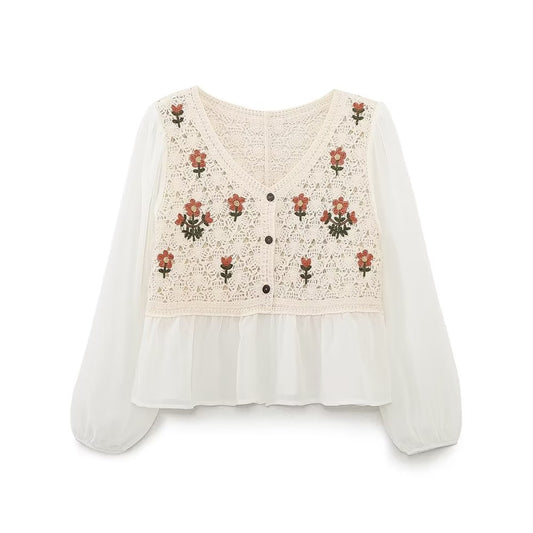 Spring Autumn French Retro Elegant Crocheted Hollow Out Cutout out Little Daisy Embroidered Loose V neck Chiffon Shirt Women Top