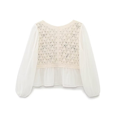 Spring Autumn French Retro Elegant Crocheted Hollow Out Cutout out Little Daisy Embroidered Loose V neck Chiffon Shirt Women Top