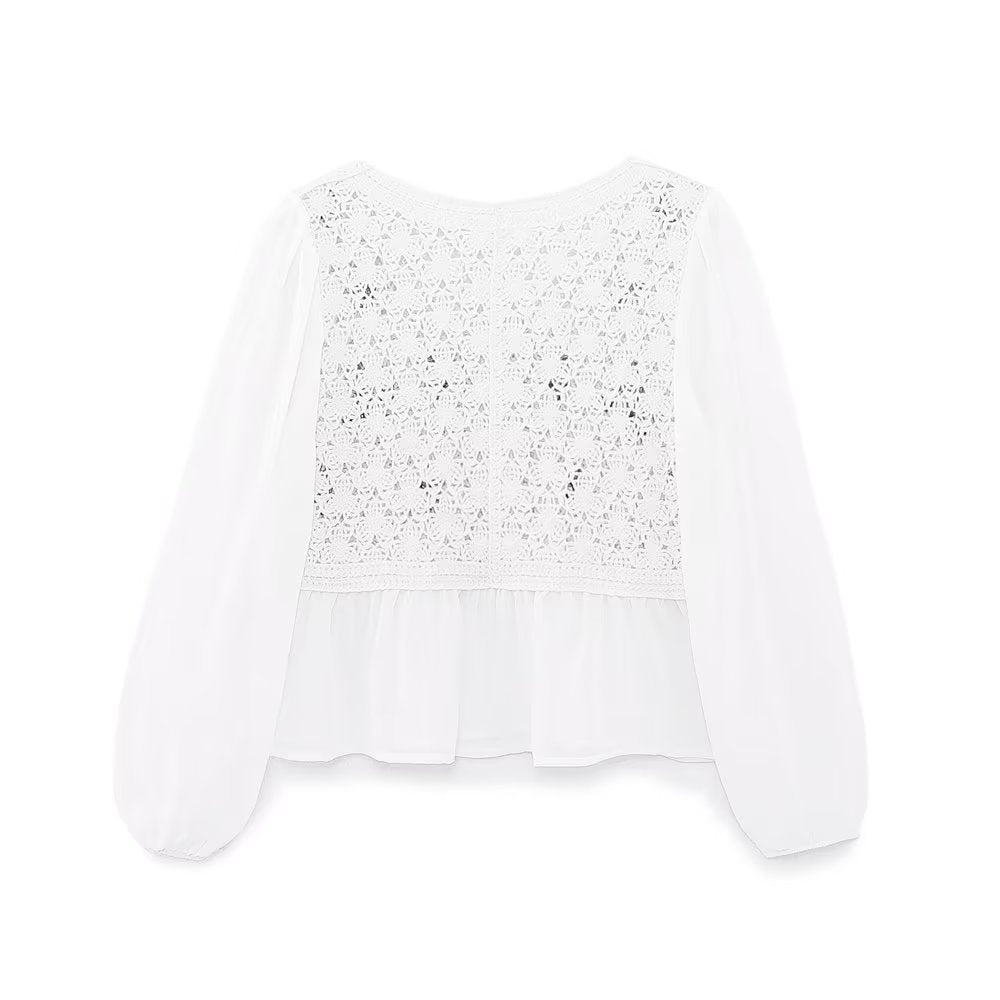 Spring Autumn French Retro Elegant Crocheted Hollow Out Cutout out Little Daisy Embroidered Loose V neck Chiffon Shirt Women Top