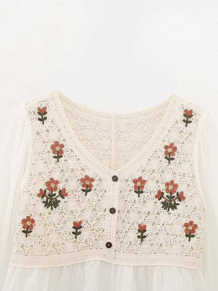 Spring Autumn French Retro Elegant Crocheted Hollow Out Cutout out Little Daisy Embroidered Loose V neck Chiffon Shirt Women Top