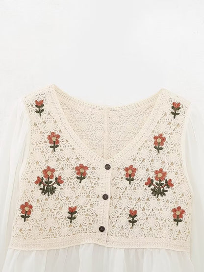 Spring Autumn French Retro Elegant Crocheted Hollow Out Cutout out Little Daisy Embroidered Loose V neck Chiffon Shirt Women Top