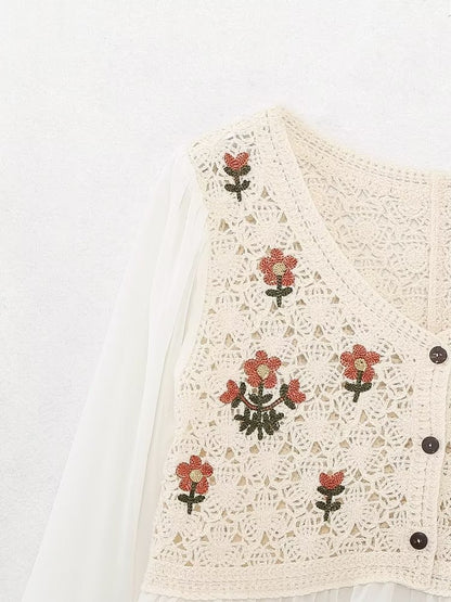 Spring Autumn French Retro Elegant Crocheted Hollow Out Cutout out Little Daisy Embroidered Loose V neck Chiffon Shirt Women Top