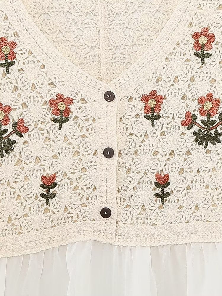 Spring Autumn French Retro Elegant Crocheted Hollow Out Cutout out Little Daisy Embroidered Loose V neck Chiffon Shirt Women Top